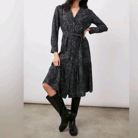 NEW RAILS Beatrice Charcoal Cheetah Dress Medium Midi Satin Belted Long Sleeve - Picture 1 of 11